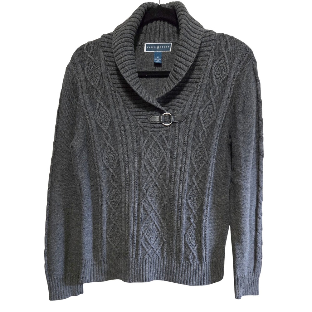 Karen Scott Women M Chic Gray Cable Knit Shawl Collar Buckle Cotton Sweater NWOT